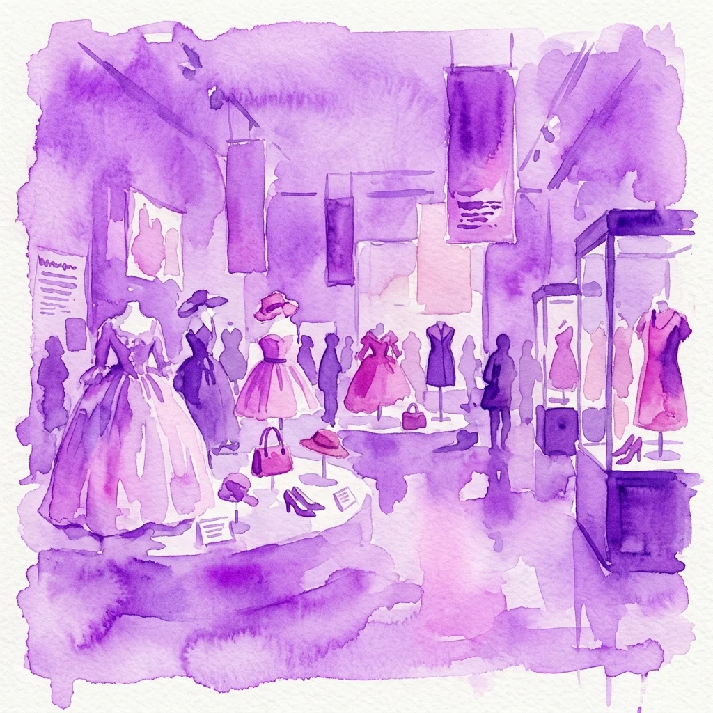 Ilustracja akwarelowa wystawy 'La Vie en Rose', prezentująca historyczne stroje i akcesoria w odcieniach różu i fioletu, wyeksponowane w galerii muzealnej.