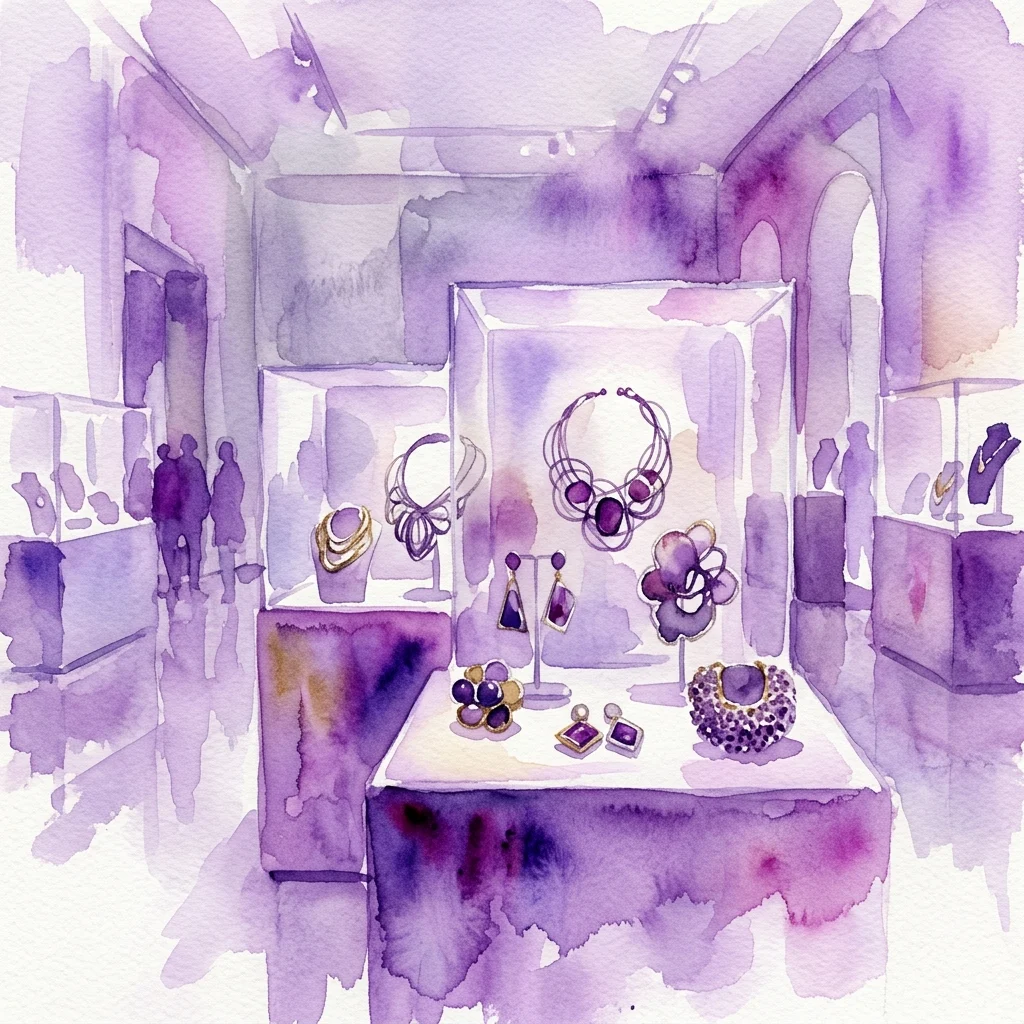Ilustracja akwarelowa wystawy muzealnej prezentującej współczesną biżuterię z Laboratorio de joyería, 1940-1990, wyeksponowaną w szklanych gablotach z fioletową atmosferą.