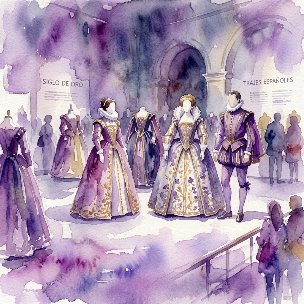 Watercolor illustration of a museum exhibition featuring Spanish Golden Age costumes, with mannequins dressed in ornate 16th-17th century attire and signs reading 'SIGLO DE ORO' and 'TRAJES ESPAÑOLES'.