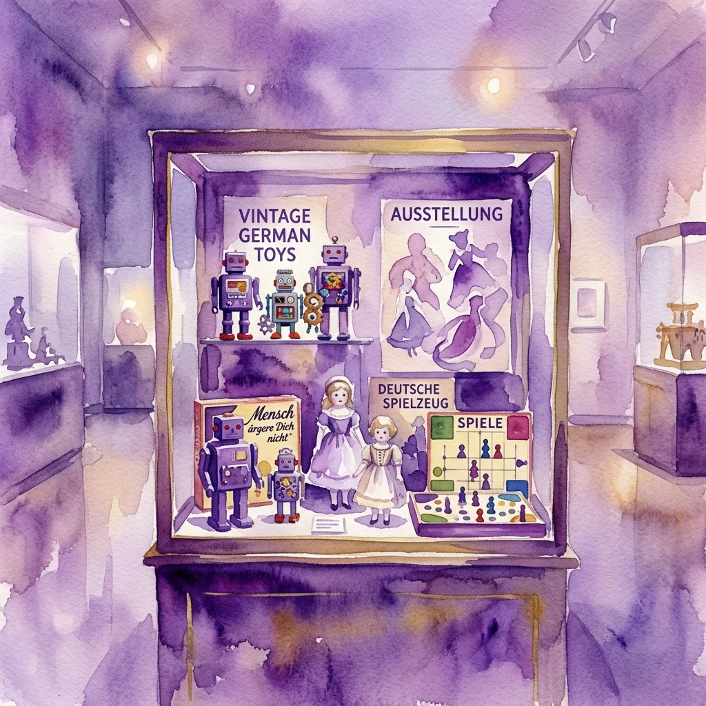 A museum display case featuring vintage German toys, including tin robots, porcelain dolls, and board games, with signs reading 'VINTAGE GERMAN TOYS' and 'AUSSTELLUNG' in a purple-hued gallery.