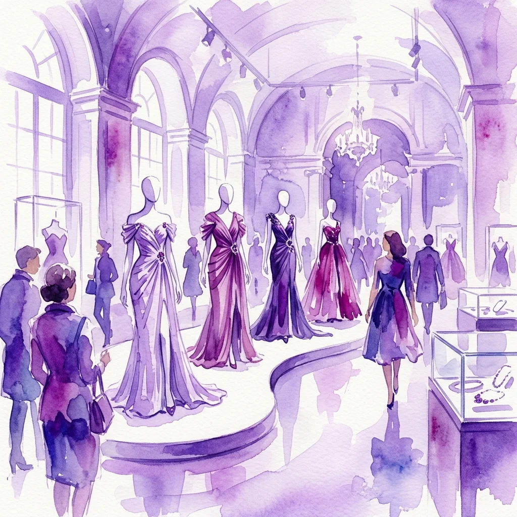 Ilustración en acuarela de una exposición de moda con elegantes vestidos de alta costura y exhibiciones de joyería en un gran salón de museo con techos abovedados y candelabros.