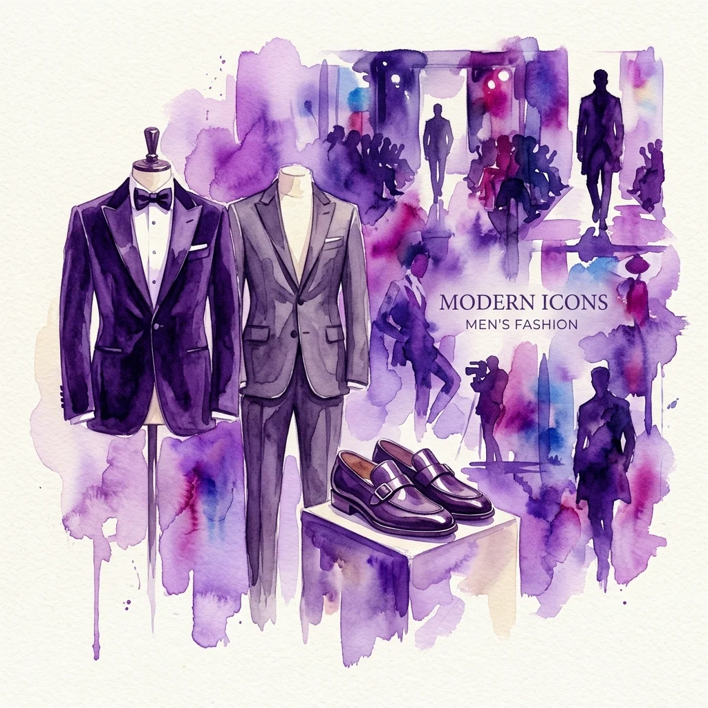 Ilustracja akwarelowa wystawy męskiej mody przedstawiająca smoking, garnitur i eleganckie buty na manekinach, z sylwetkami modeli na wybiegu i napisem 'MODERN ICONS MEN'S FASHION'