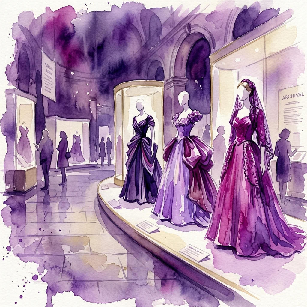 Ilustracja akwarelowa wystawy muzealnej prezentującej eleganckie suknie haute couture Manuela Pertegaz w kolorze fioletowym, wystawione na manekinach z elementami archiwalnymi i zwiedzającymi.
