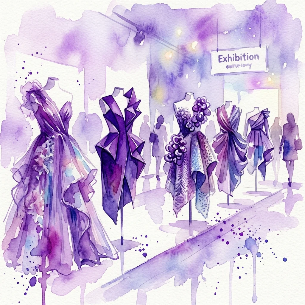 Ilustración en acuarela de una exposición de moda con prendas de vanguardia sobre maniquíes, con un cartel que dice 'Exhibition catalogue' y visitantes observando la exhibición.