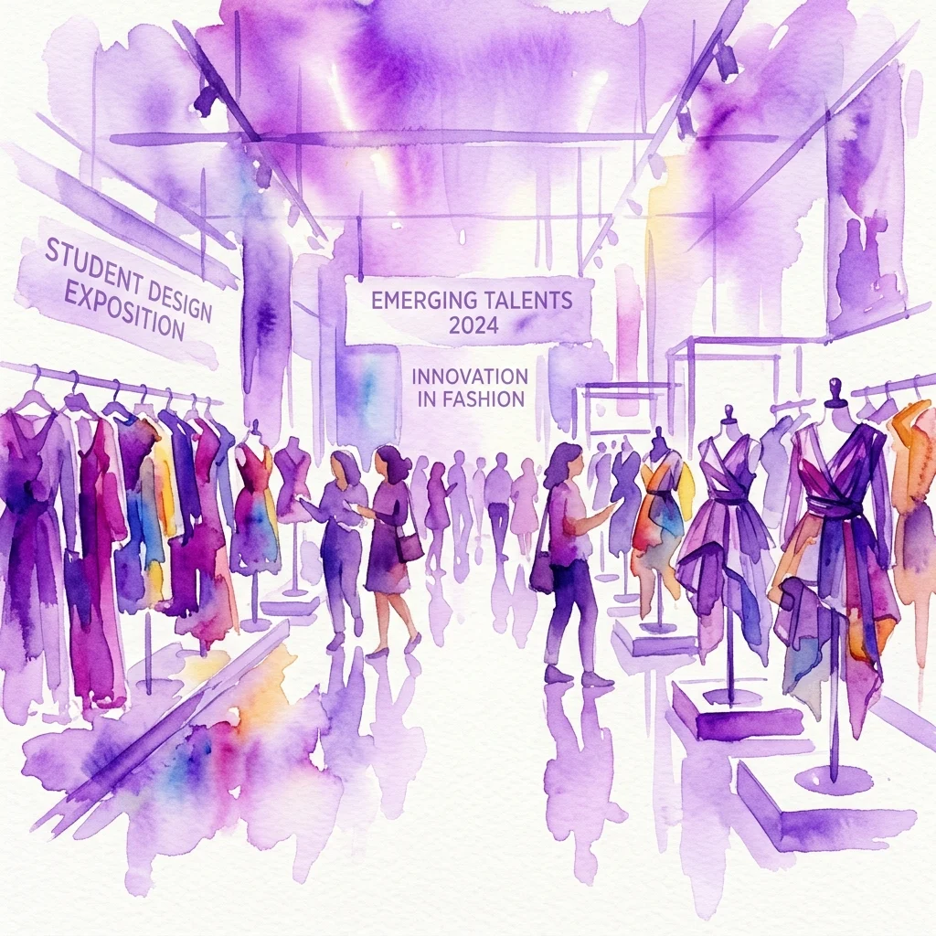 Watercolor illustration of a fashion exhibition featuring mannequins in colorful garments, with signs reading 'Student Design Exposition' and 'Emerging Talents 2024: Innovation in Fashion'.