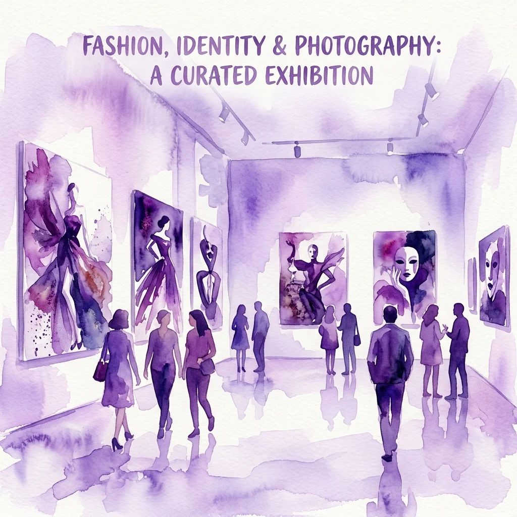 Een aquarelillustratie van een galerie-expositie met de titel 'Mode, Identiteit & Fotografie: Een Samengestelde Tentoonstelling', met bezoekers die grote modefoto's bekijken die tentoongesteld worden.