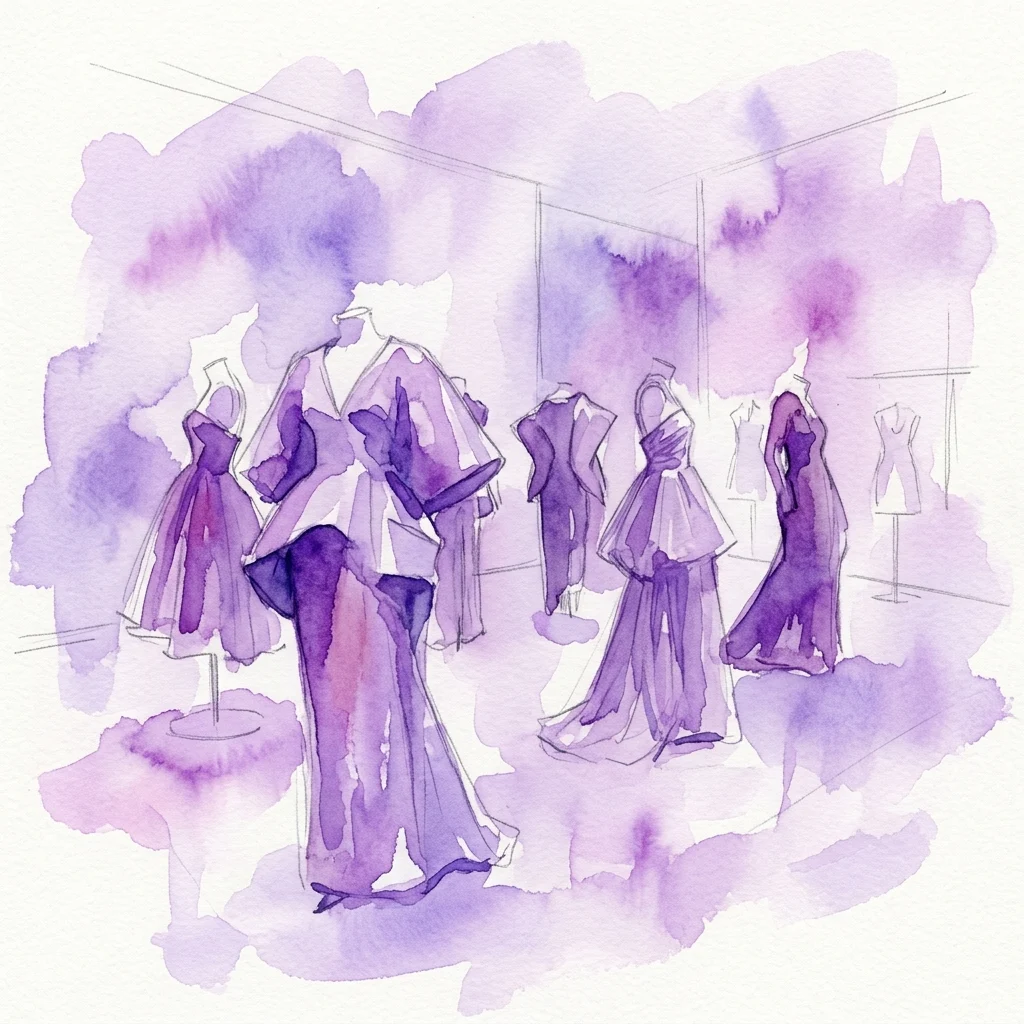 Ilustracja akwarelowa haute couture od Cristóbala Balenciagi prezentowana w galerii, wykonana w odcieniach fioletu z naszkicowanymi konturami, nawiązująca do artystycznej interpretacji fotografii Manuela Outumuro.