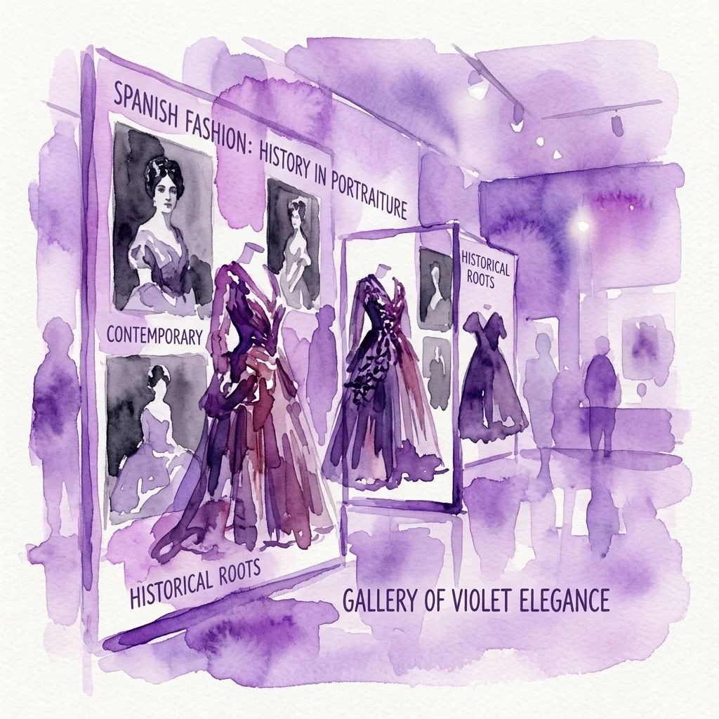 Ilustracja akwarelowa galerii wystawowej prezentującej hiszpańskie projekty mody i fotografie historyczne, z manekinami prezentującymi eleganckie suknie oraz panelami wystawowymi zatytułowanymi „Hiszpańska moda: historia w portretach” i „Galeria fioletowej elegancji”.