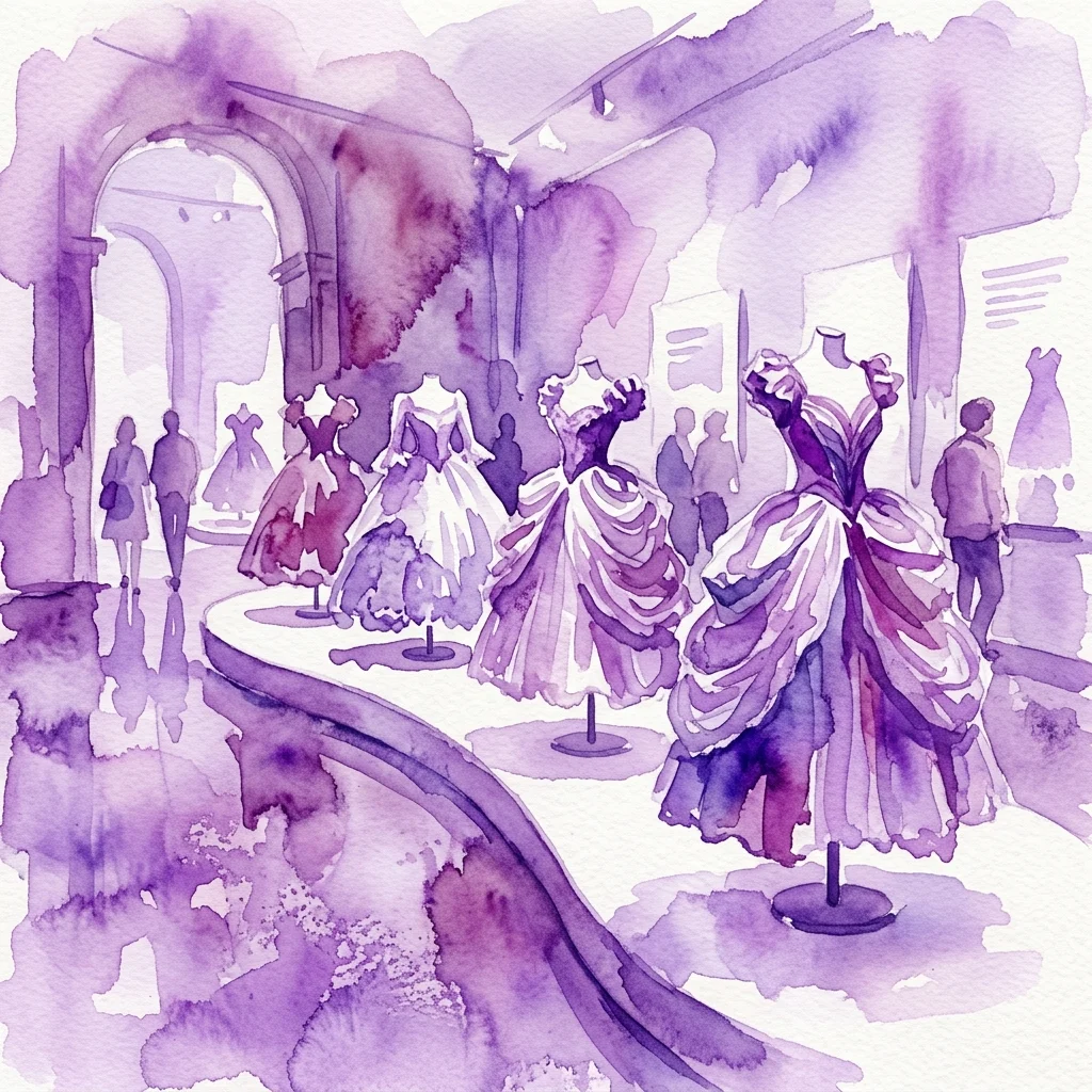 Watercolor illustration of a museum exhibition featuring paper dresses on mannequins, showcasing historical fashion design from the Moda en papel contest.
