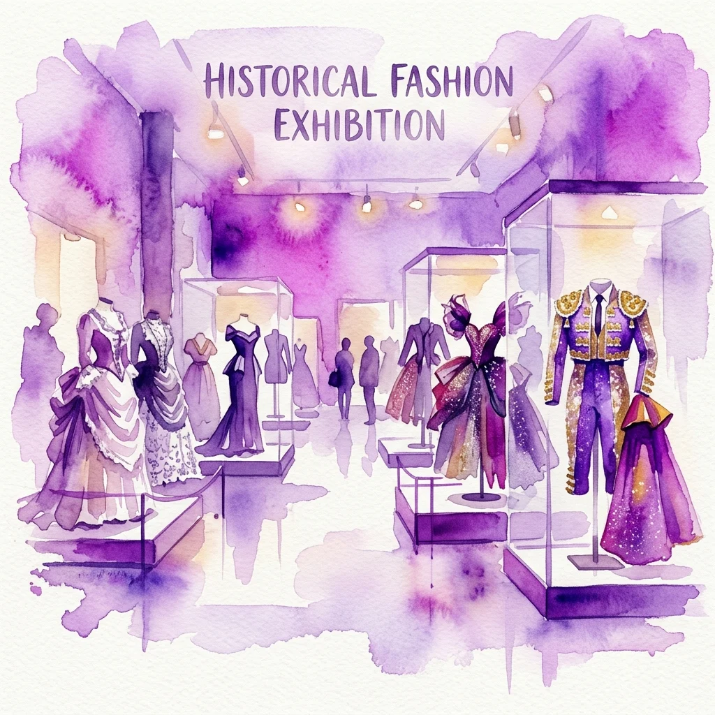 Ilustracja akwarelowa historycznej wystawy mody prezentującej stroje z XIX i XX wieku, w tym kostiumy teatralne i stroje do walki byków, eksponowane w szklanych gablotach z nowoczesnym oświetleniem i specjalnie wykonanymi mocowaniami.