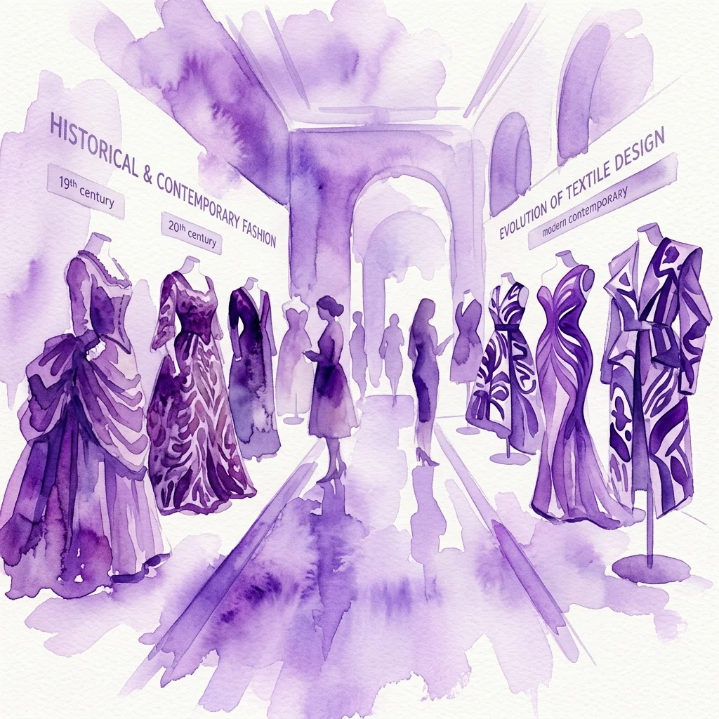 Ilustracja akwarelowa galerii muzealnej prezentującej historyczne i współczesne stroje, z oznaczeniami mody XIX i XX wieku oraz ewolucji wzornictwa tekstylnego.