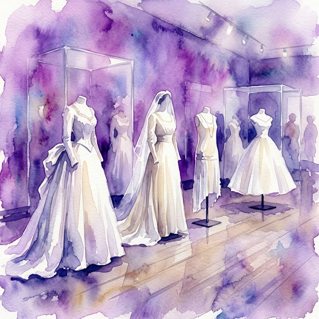 Ilustracja akwarelowa białych sukien ślubnych na manekinach w galerii muzealnej, część wystawy „Mujeres de blanco” w Muzeum Kostiumów.