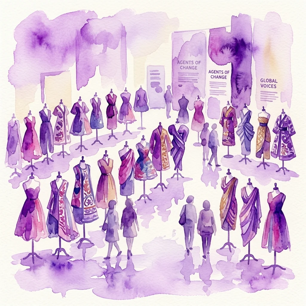 Ilustracja akwarelowa wystawy muzealnej prezentującej 24 projekty modowe autorstwa projektantek, z manekinami eksponującymi kolorowe stroje i zwiedzającymi spacerującymi po galerii. Napisy brzmią „Agents of Change” i „Global Voices” w fioletowo-różowej palecie.