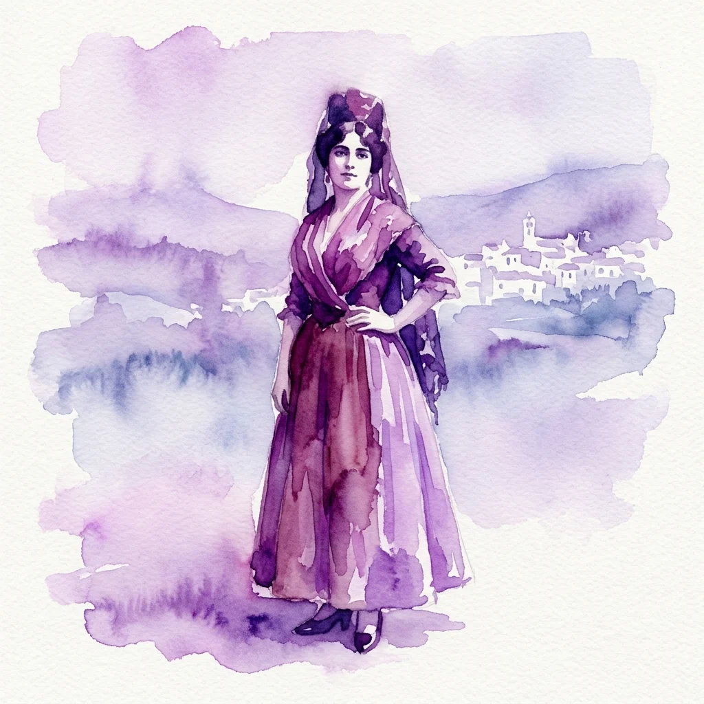Ilustración en acuarela de una mujer con atuendo tradicional español, de pie contra un paisaje de tono púrpura con un pueblo al fondo, evocando la cultura española de principios del siglo XX.