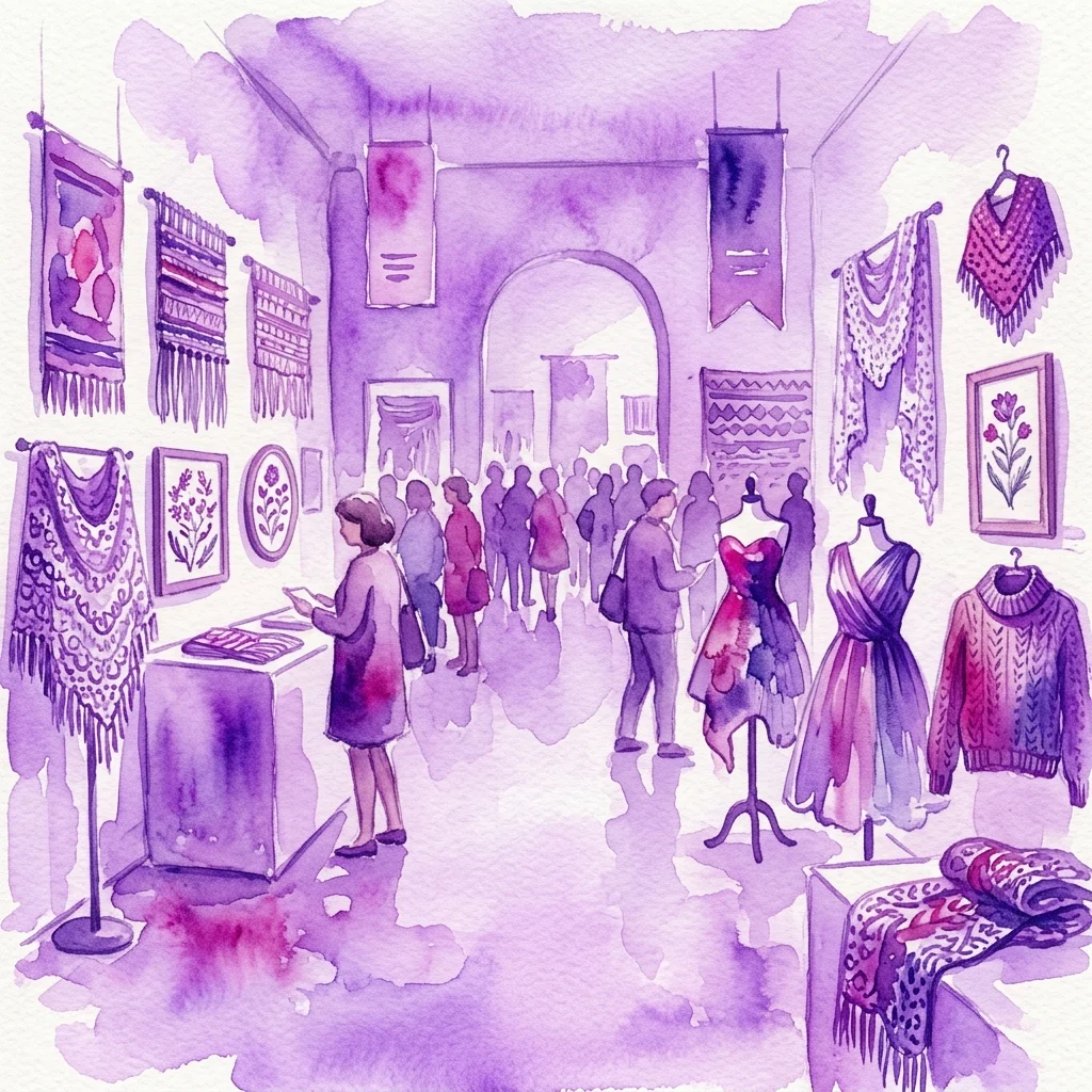 Waterverfillustratie van een museumgalerij met een tijdelijke tentoonstelling van handgemaakte textielkunst, waaronder kant, haakwerk, breiwerk, borduurwerk en kledingontwerp, met bezoekers die de werken bekijken.