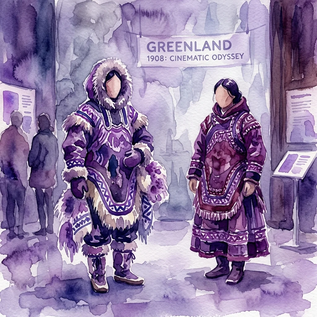 Watercolor illustration of two figures in intricate, fur-lined costumes from the 1908 film 'Nadie quiere la noche', displayed in a museum gallery with a sign reading 'GREENLAND 1908: CINEMATIC ODYSSEY'.