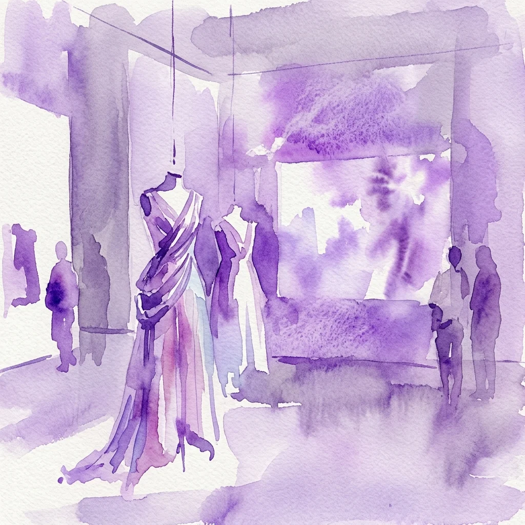 Watercolor illustration of the ORGANIA installation by designer Ulises Mérida, featuring mannequins in artisanal couture and video art in a museum gallery.
