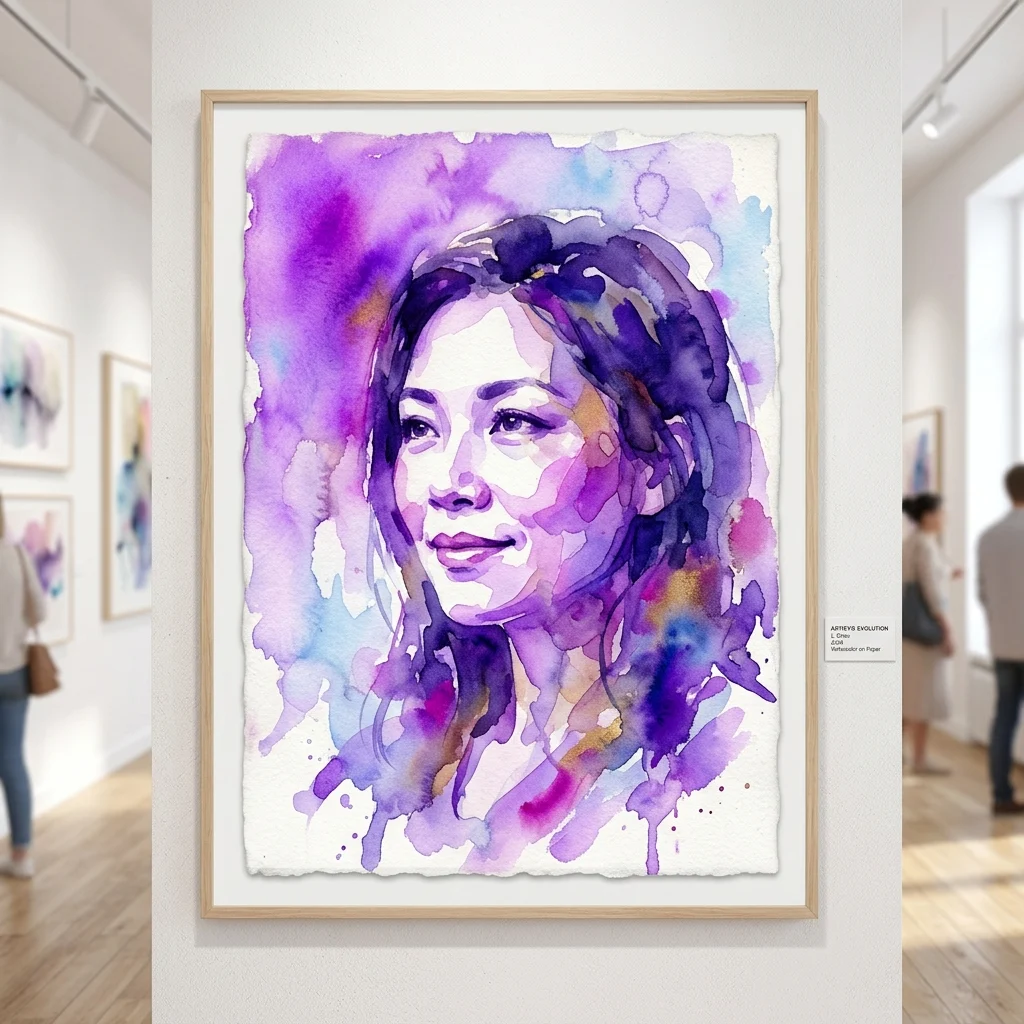 A vibrant watercolor portrait of a woman with purple and blue hues, displayed in a light wood frame on a gallery wall, part of the Ouka Leele. Inédita exhibition.