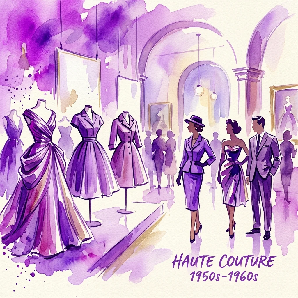 Waterverfillustratie van een haute couture-expositie met elegante jurken en mantelpakken uit de jaren 1950-1960 op paspoppen, met bezoekers die de collectie bekijken in een galerie met gewelfde plafonds en zachte verlichting.