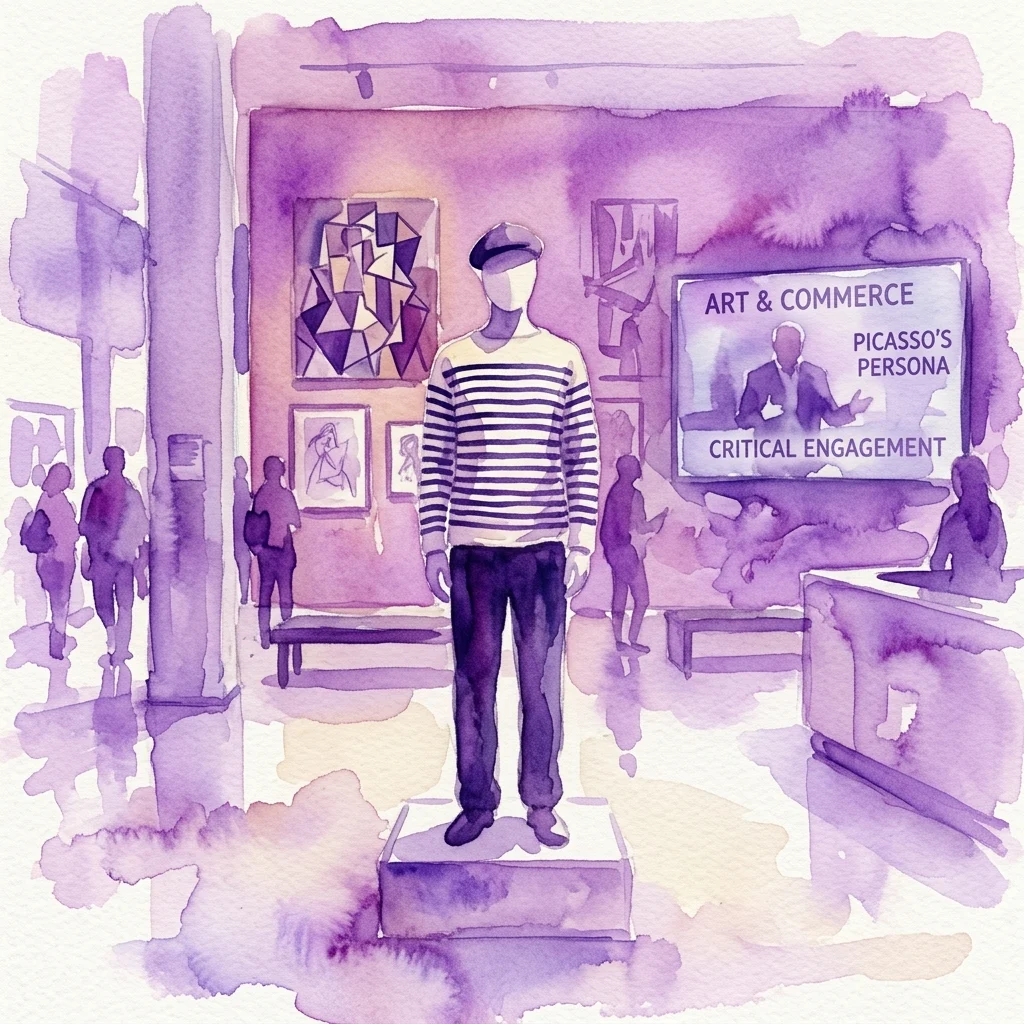 Ilustracja akwarelowa wystawy muzealnej przedstawiająca manekina w pasiastym swetrze w stylu bretońskim, z ekranem wyświetlającym "Sztuka i Handel: Persona Picassa" oraz zwiedzającymi w tle.