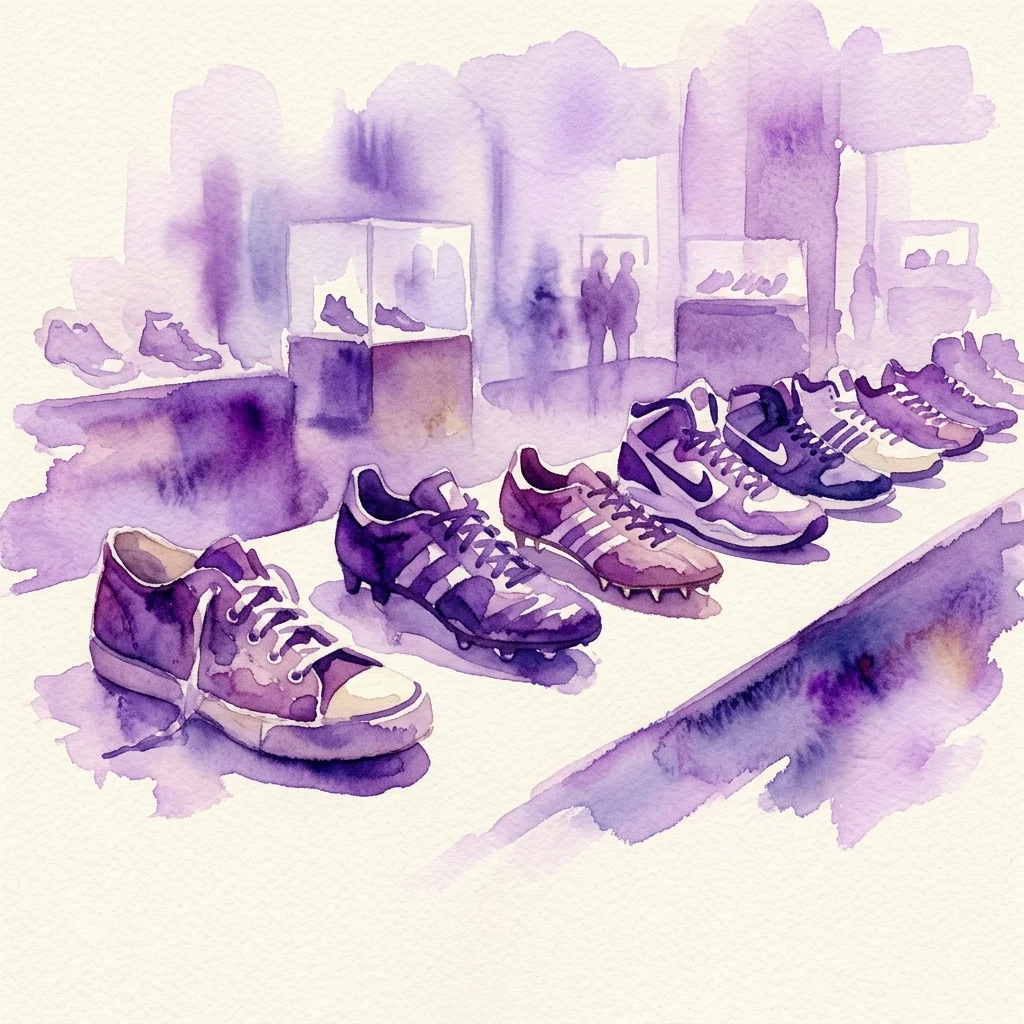 Ilustracja akwarelowa historycznego obuwia sportowego, w tym sneakersów i korków, prezentowana na wystawie muzealnej w odcieniach fioletu.