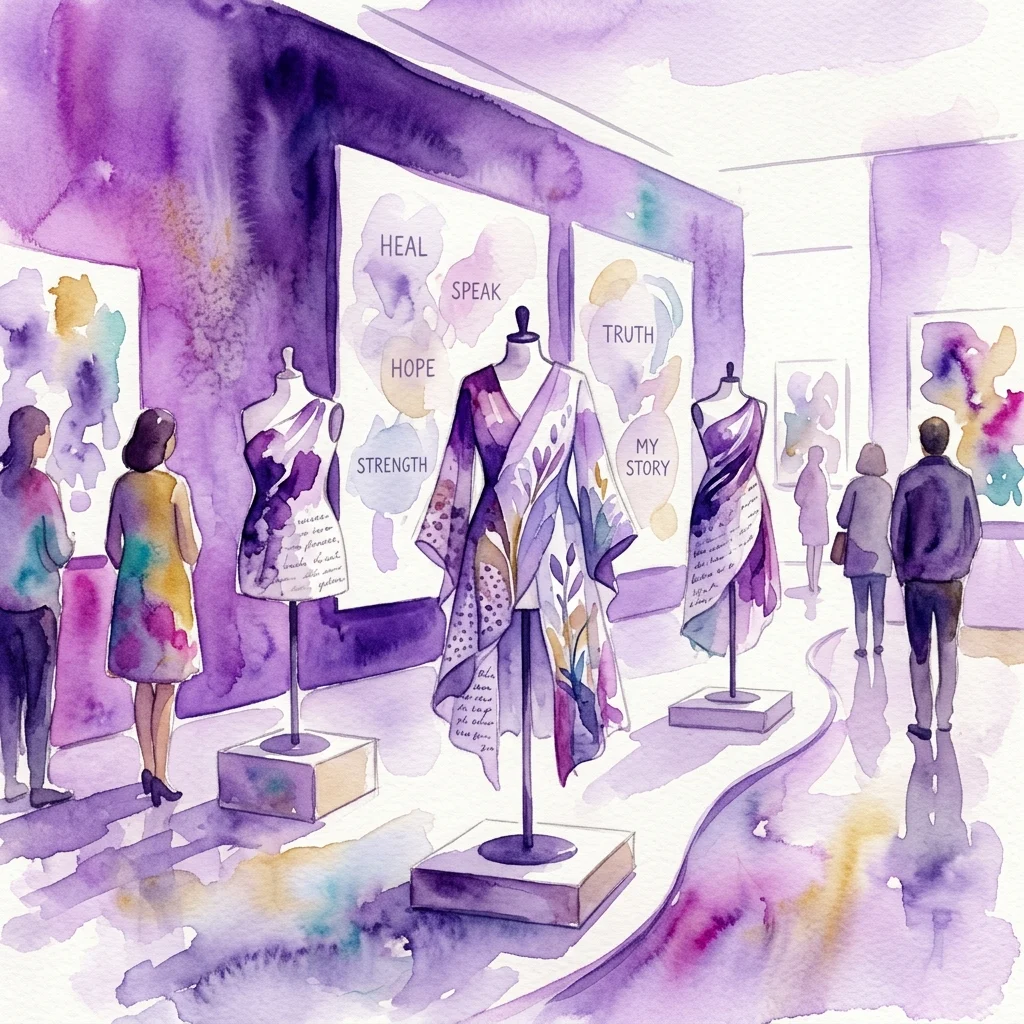 Watercolor illustration of an exhibition space with mannequins dressed in garments, surrounded by visitors. Wall panels display words like 'HEAL', 'SPEAK', 'TRUTH', and 'MY STORY', reflecting themes of sexual violence survivor narratives.
