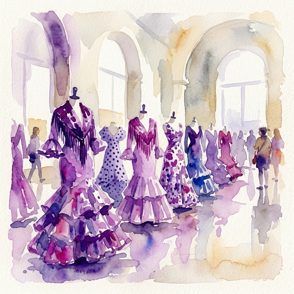 Ilustracja akwarelowa sukni flamenco na manekinach w galerii muzealnej, prezentująca żywe fioletowo-niebieskie wzory, celebrująca andaluzyjskie dziedzictwo kulturowe.