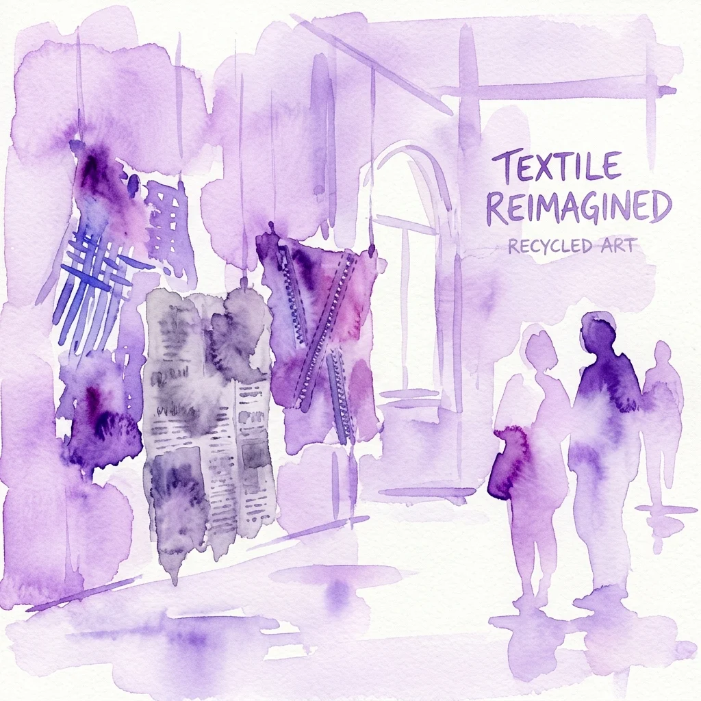 Ilustracja akwarelowa wystawy muzealnej pt. „Tekstylia na nowo: Sztuka z recyklingu”, prezentująca sztukę tekstylną wykonaną z materiałów pochodzących z recyklingu, takich jak plastik i gazety, z odwiedzającymi oglądającymi ekspozycję.