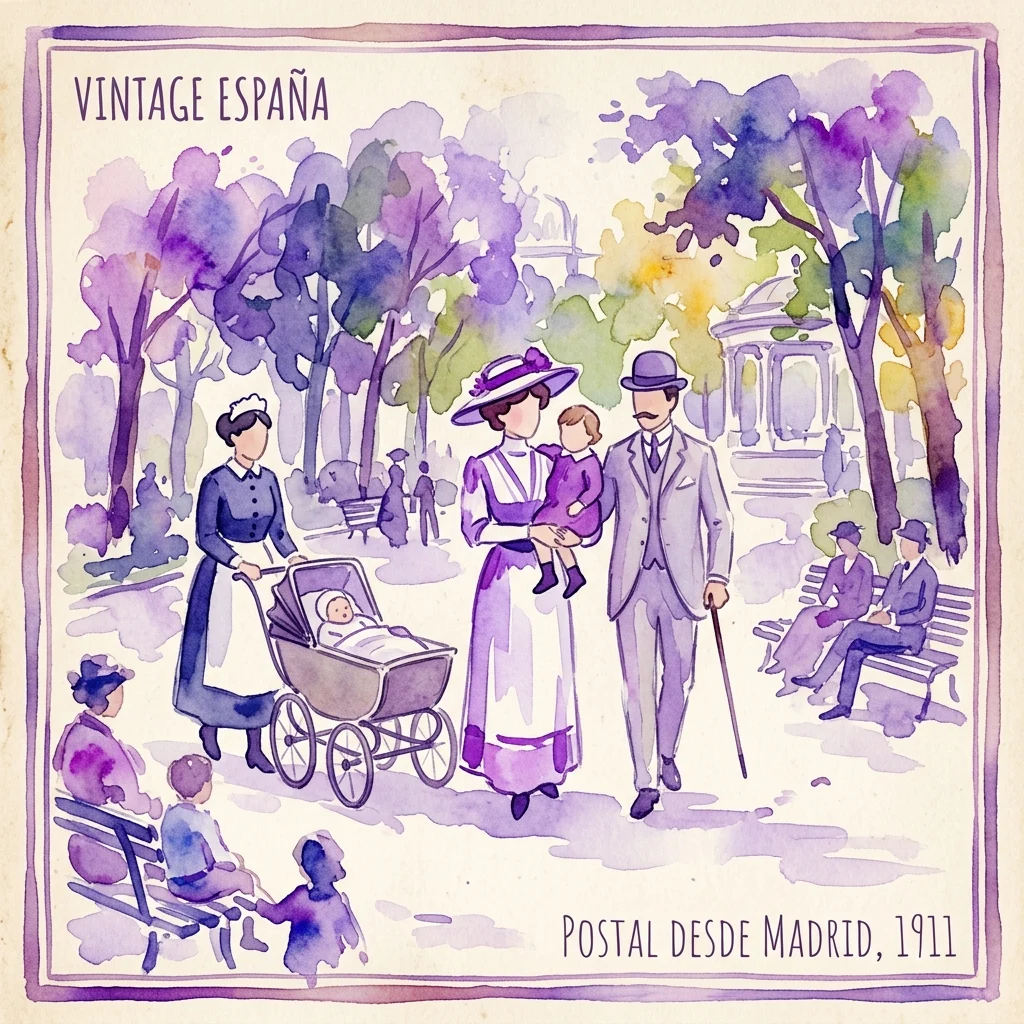 Ilustracja akwarelowa zabytkowej pocztówki przedstawiająca modną rodzinę i nianię z dziećmi w madryckim Parque del Oeste, 1911.