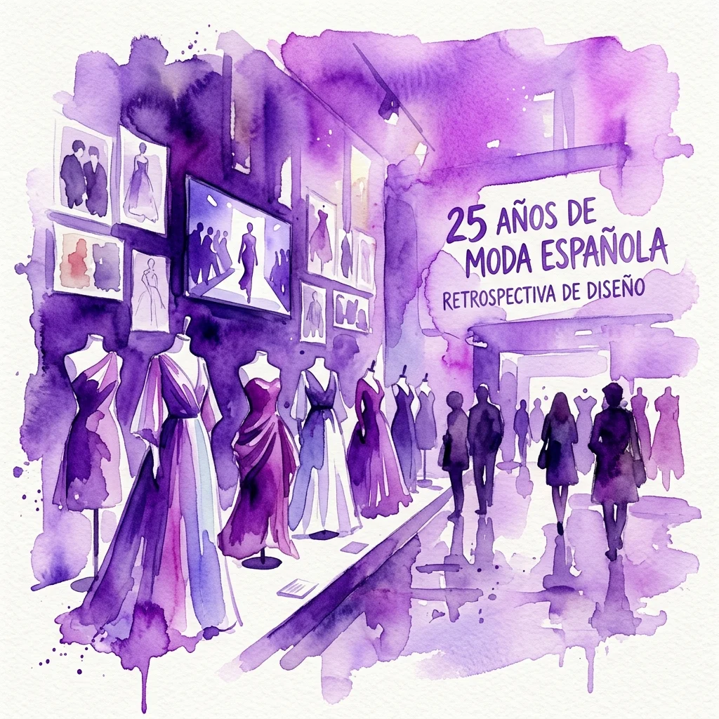 Ilustracja akwarelowa wystawy mody przedstawiającej manekiny w eleganckich sukniach, ze znakiem z napisem '25 AÑOS DE MODA ESPAÑOLA RETROSPECTIVA DE DISEÑO' i zwiedzającymi oglądającymi ekspozycję.