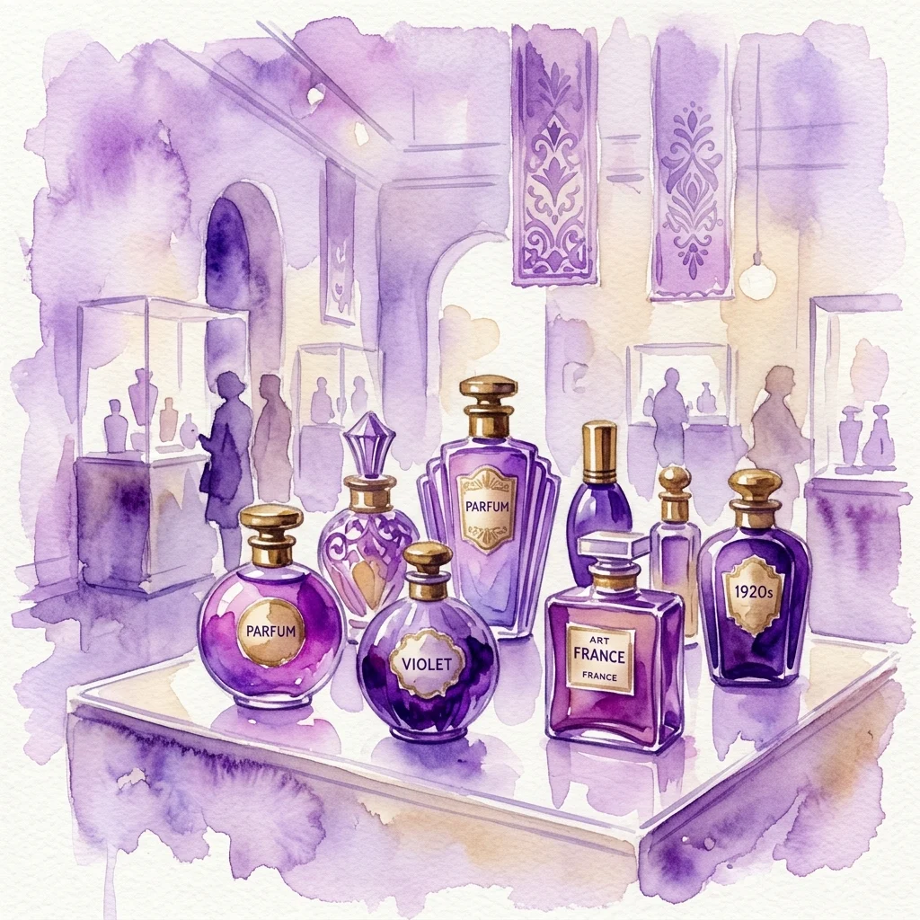 Ilustración de acuarela de botellas de perfume vintage de la década de 1920, expuestas en una galería de museo con una ornamentada decoración púrpura y visitantes silueteados.
