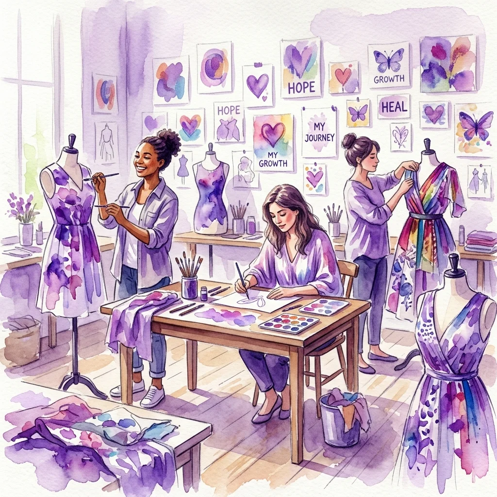 Participantes de un proyecto de arteterapia creando diseños de moda y dibujos emocionales en un estudio, exhibiendo la exposición 'Rotos y Costuras' sobre la recuperación de la adicción.