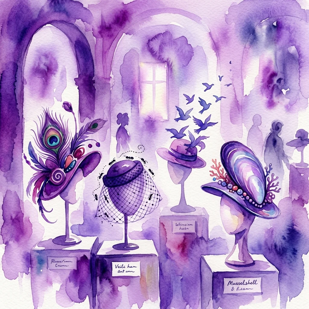 Een aquarelillustratie van surrealistische hoeden tentoongesteld in een museum, met een pauwenveer kroon, een sluierhoed met mieren, een hoed met vliegende vogels en een mosselschelp hoed, allemaal tegen een dromerige paarse achtergrond.