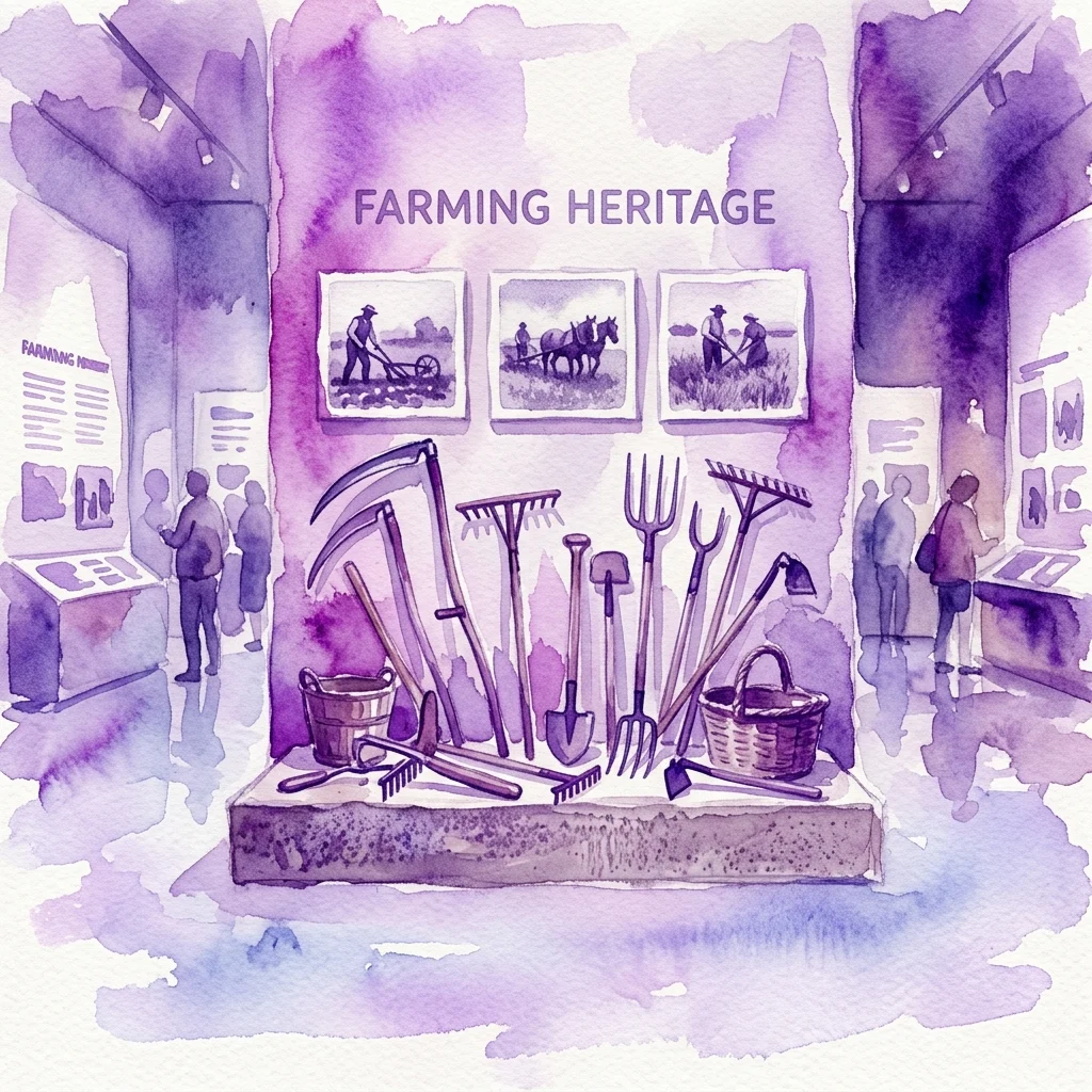 Watercolor illustration of a museum exhibition titled 'Farming Heritage' featuring agricultural tools, vintage photographs, and visitors exploring the display.