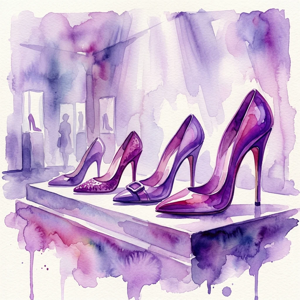 Ilustración en acuarela de tacones de aguja en varios tonos de púrpura, exhibidos sobre un pedestal de museo con iluminación dramática, evocando la elegancia y seducción del calzado de alta costura.