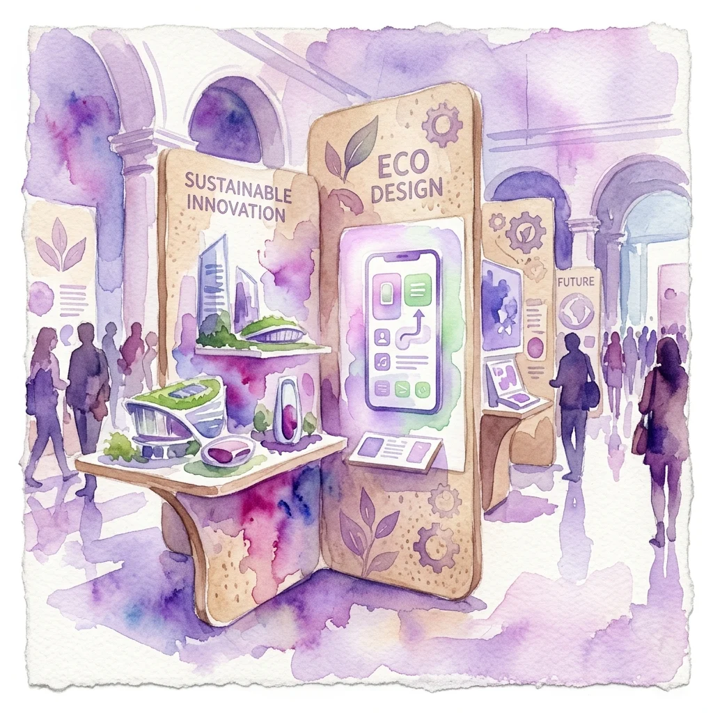 Waterverfillustratie van een museumtentoonstellingsdisplay voor TalentosDesign 12, met duurzame ontwerpprojecten met milieuvriendelijke panelen, digitale apps en modellen in een galerie setting.