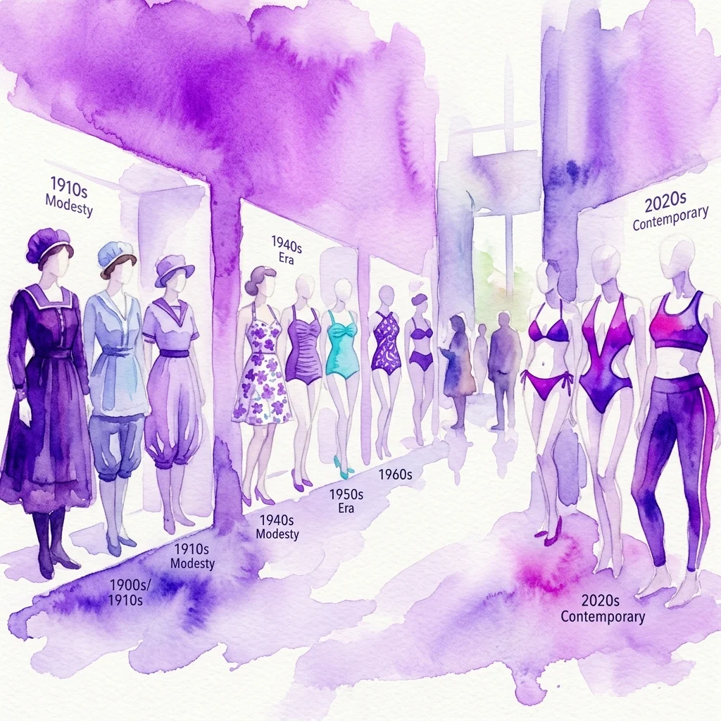 Ilustracja akwarelowa przedstawiająca ewolucję strojów kąpielowych od skromnych ubiorów z początku XX wieku po współczesne projekty, podkreślająca zmiany w modzie na przestrzeni XX i XXI wieku.