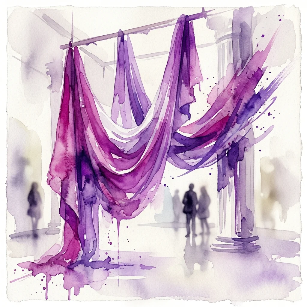 Instalación de arte textil abstracto de Badri Lomsianidze con telas púrpuras drapeadas y pinceladas expresivas en un espacio de galería.