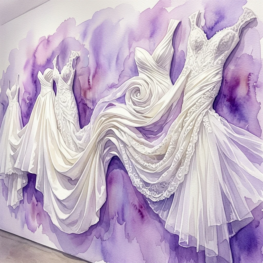 Akwatela przedstawiająca białe suknie ślubne przekształcone w płaskorzeźby na fioletowo-lawendowym tle, część wystawy „Un vestido, dos vivencias” Conchy Mayordomo.