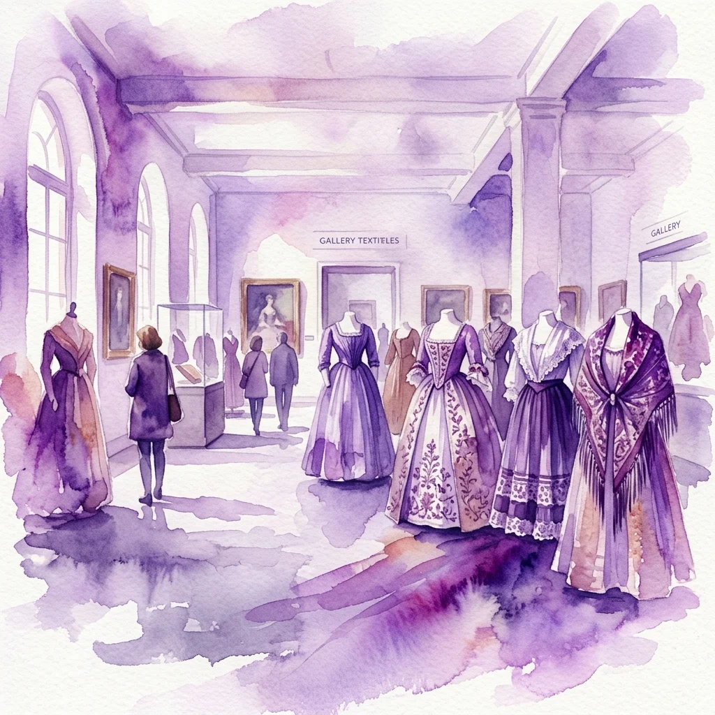 Watercolor illustration of a museum gallery featuring historical garments and textiles, with mannequins displaying women's dresses and visitors observing the exhibits.