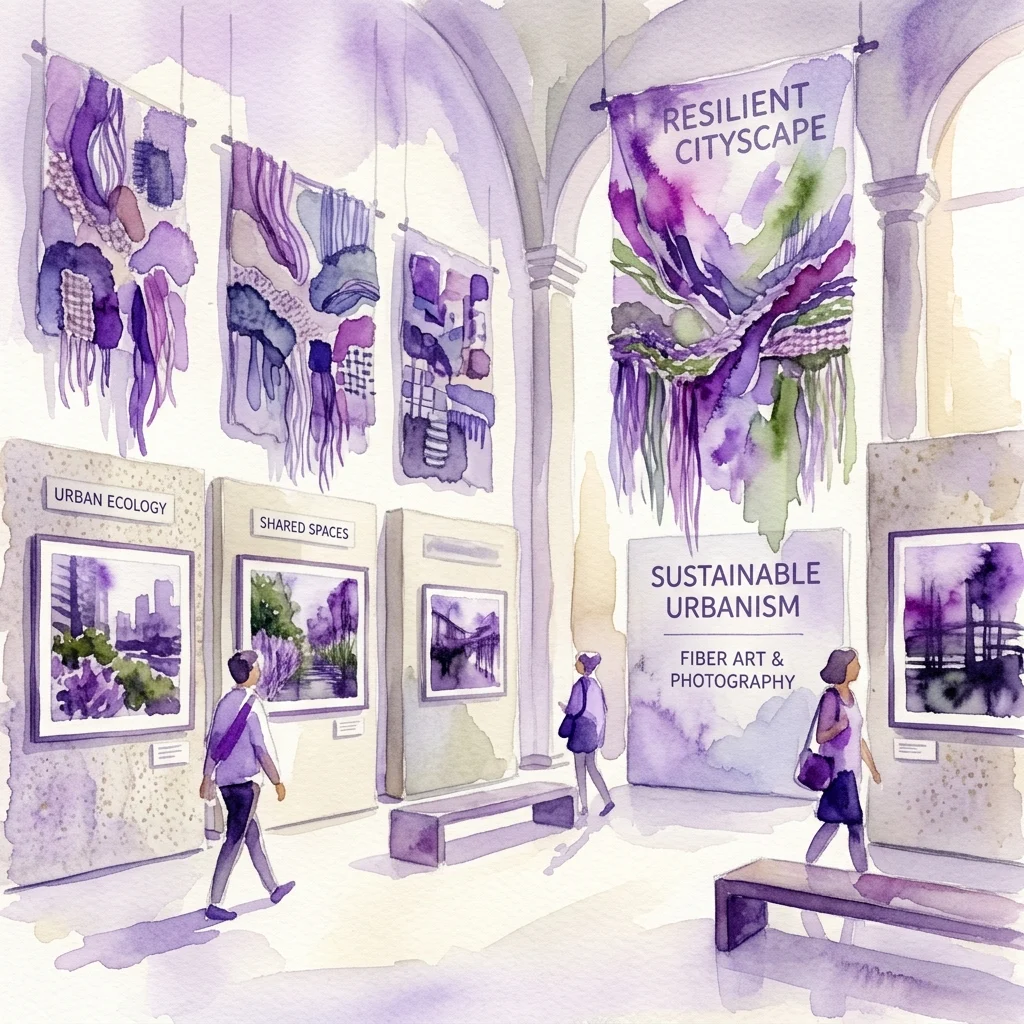 Ilustracja akwarelowa wystawy VIII Bienal de Arte Textil Contemporáneo, prezentująca sztukę tekstylną i fotografię na temat zrównoważonego urbanizmu, z odwiedzającymi oglądającymi dzieła sztuki w przestrzeni galerii.