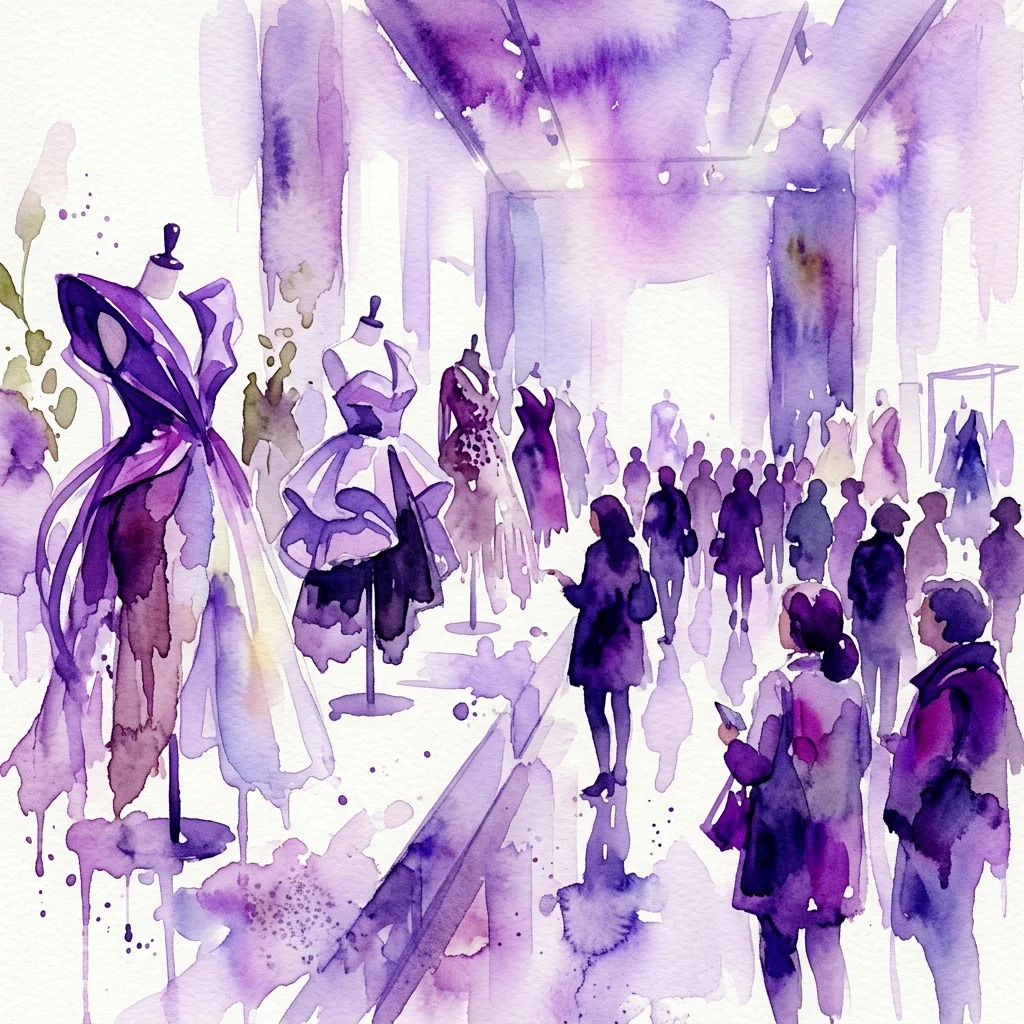 Ilustracja akwarelowa wystawy mody z manekinami prezentującymi awangardowe projekty w odcieniach fioletu, zwiedzający obserwujący w ustawieniu galerii.