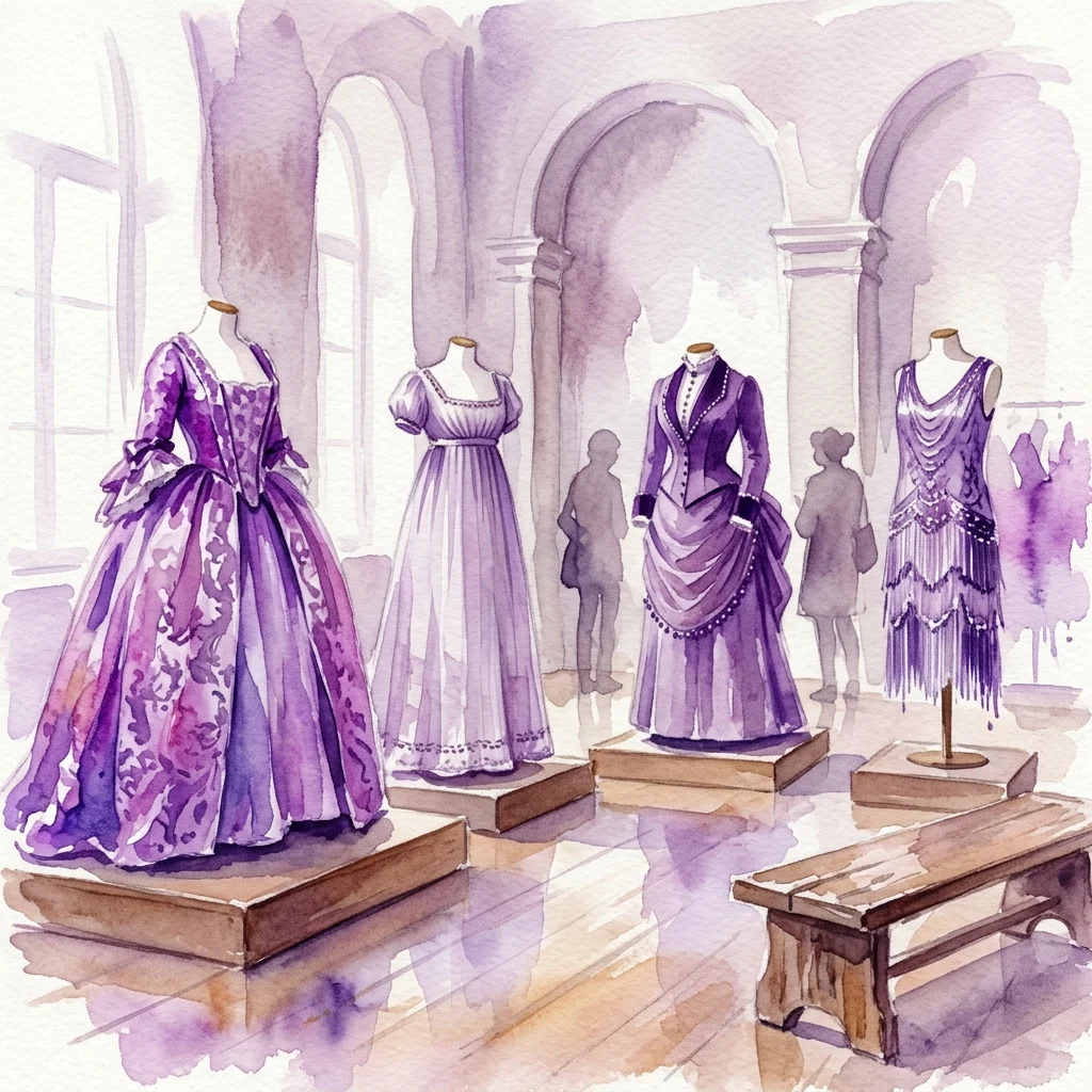 Ilustracja akwarelowa galerii muzealnej przedstawiającej historyczne stroje w odcieniach fioletu, wyeksponowane na manekinach bez gablot, z odwiedzającymi oglądającymi wystawę.