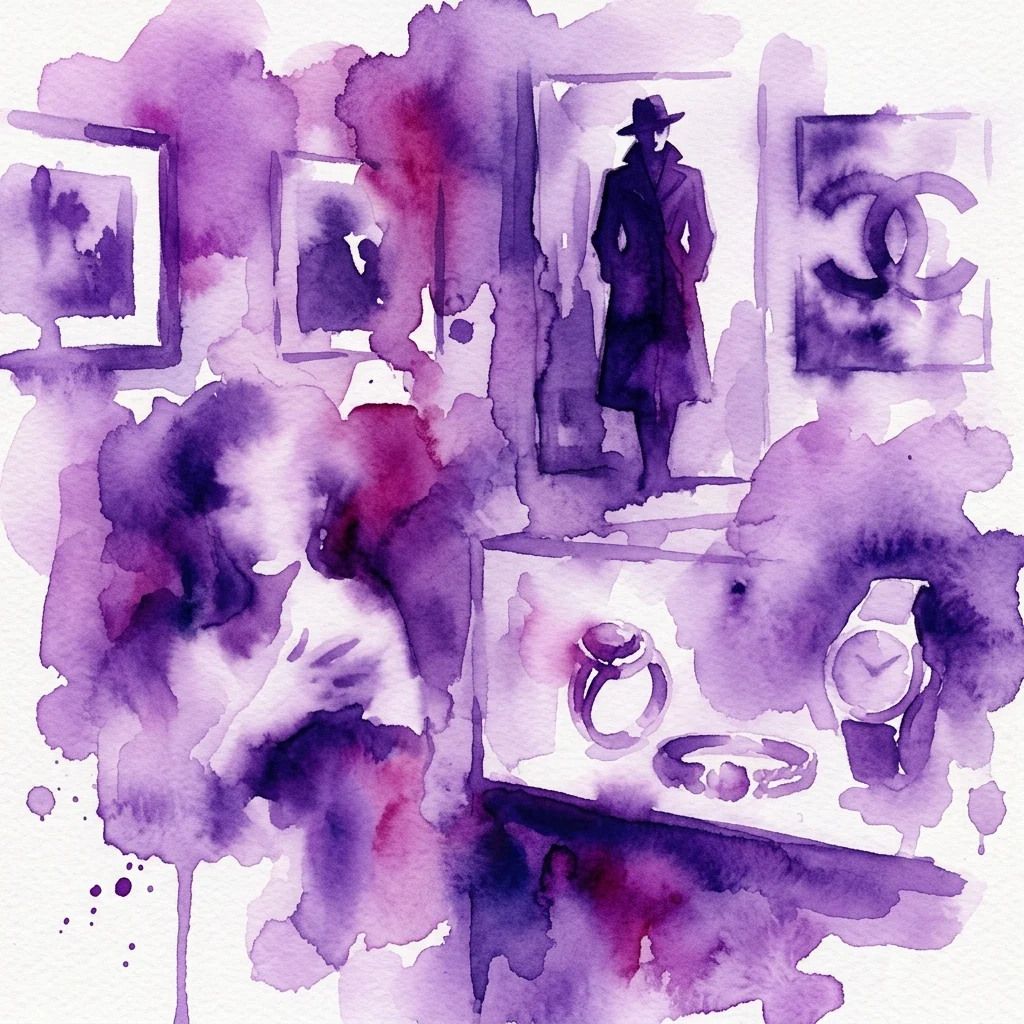 Ilustracja akwarelowa wystawy mody prezentującej luksusową biżuterię, logo Chanel i sylwetkę mężczyzny w płaszczu, nawiązująca do wystawy Vogue. Rocks.
