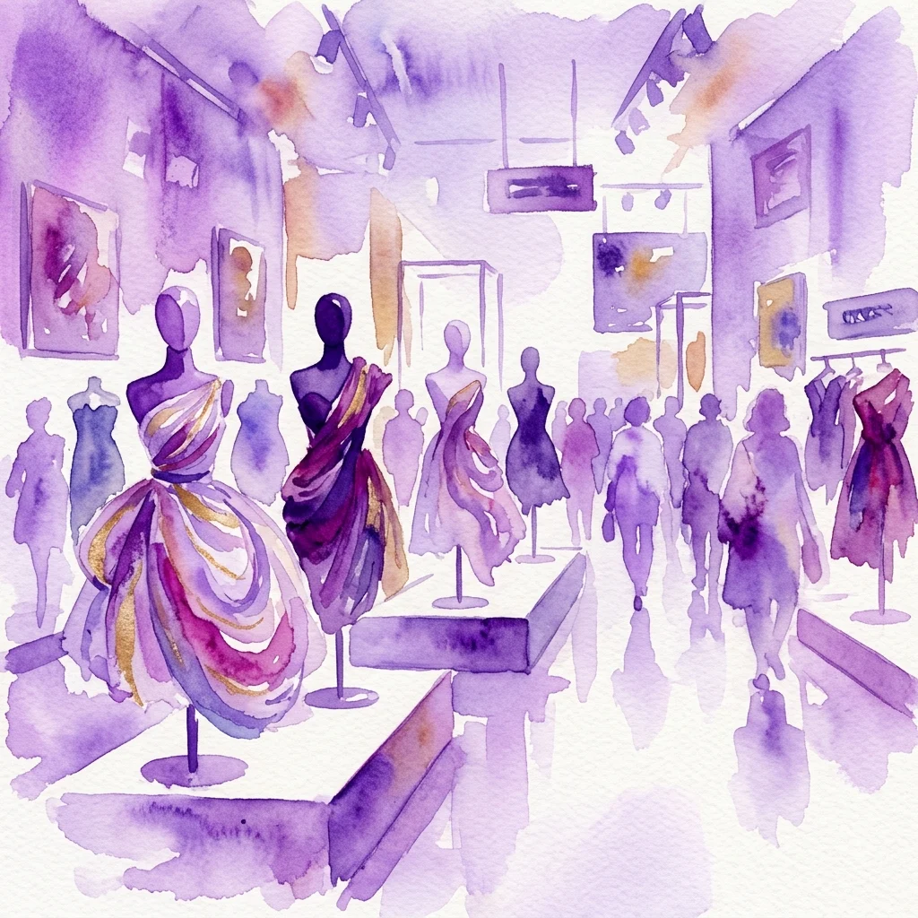 Een aquarelillustratie van een hedendaagse mode-expositie met paspoppen in levendige, kleurrijke kleding, die opkomende ontwerpers presenteren in een moderne galerie.