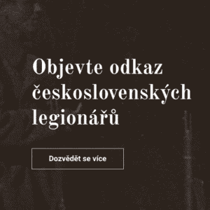 Text in Czech that reads 'Discover the legacy of Czechoslovak legionaries' with a button below that says 'Learn more'.