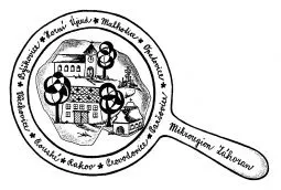 Black and white logo of the Museum of Czechoslovak Legions, showing a magnifying glass with an illustration of a building and surrounding text.
