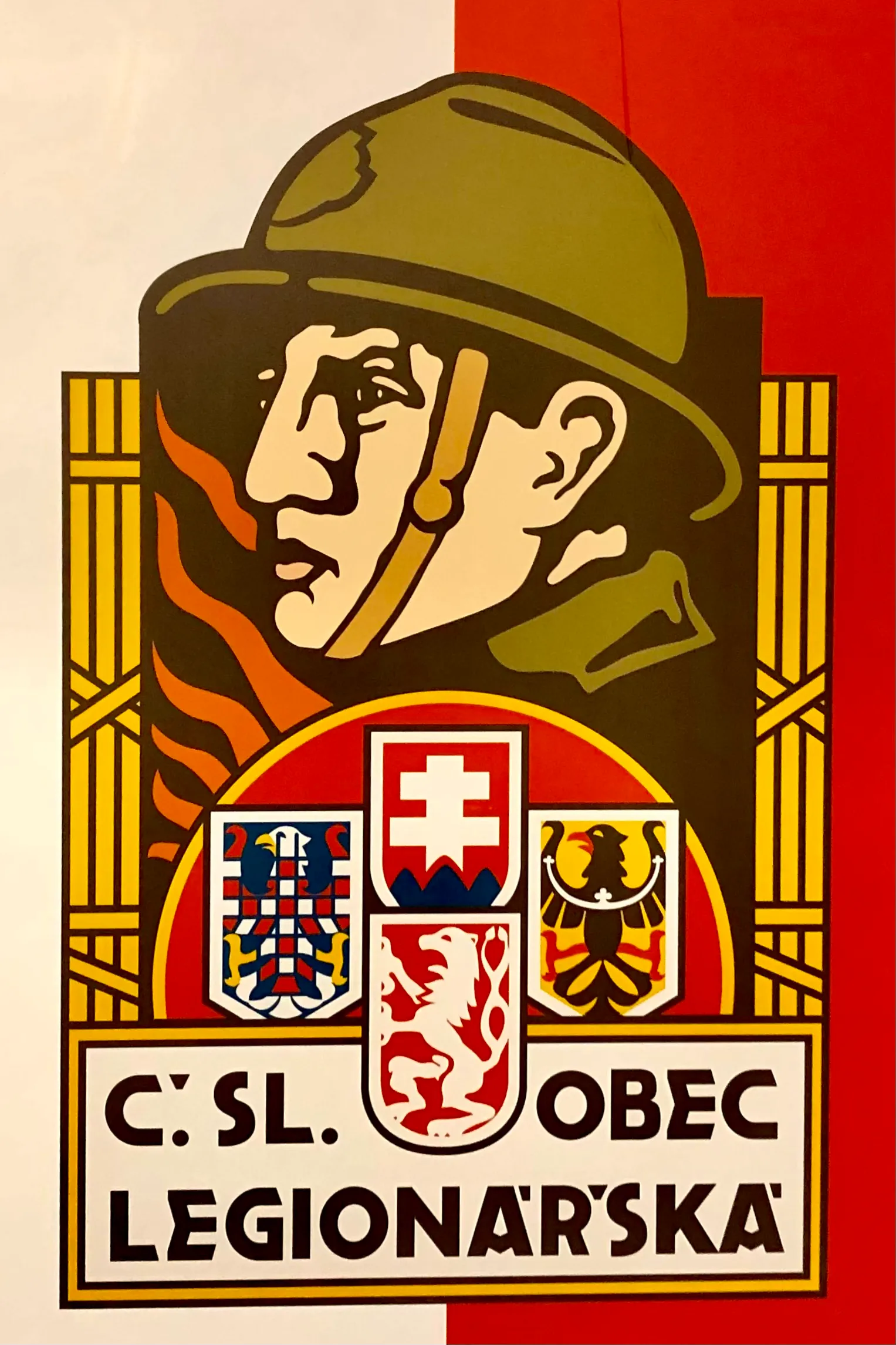 Stylized poster of a soldier in a helmet with red and white background, featuring coats of arms and the text 'C. SL. OBEC LEGIONÁŘSKÁ'