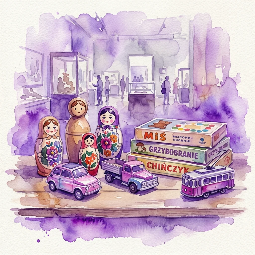 Ilustracja akwarelowa vintage polskich zabawek z epoki PRL, w tym lalek Matrioszek, samochodzików i gier planszowych takich jak Miś i Grzybobranie, prezentowana w przestrzeni muzealnej.