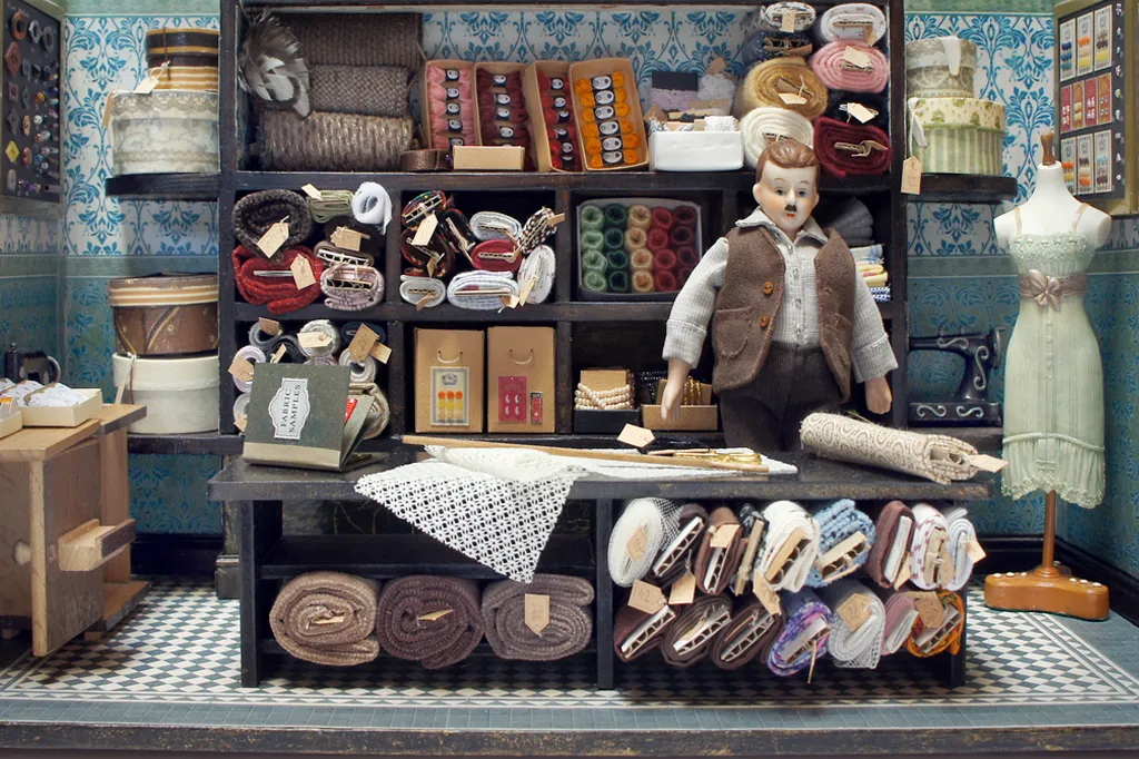 Miniature shop display with a doll behind a counter filled with textiles and goods